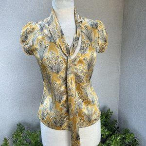 Free people Womens 10 Gold Peacock Feather Silk Blouse Top Scarf Tie